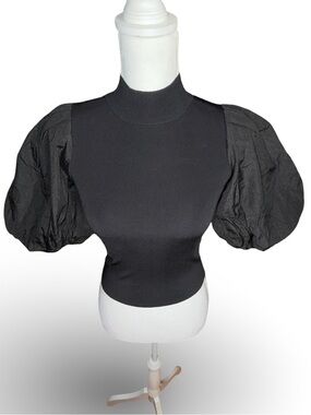 Zara‎ Black Contrast Puff Sleeve Mock Neck Ribbed Top S